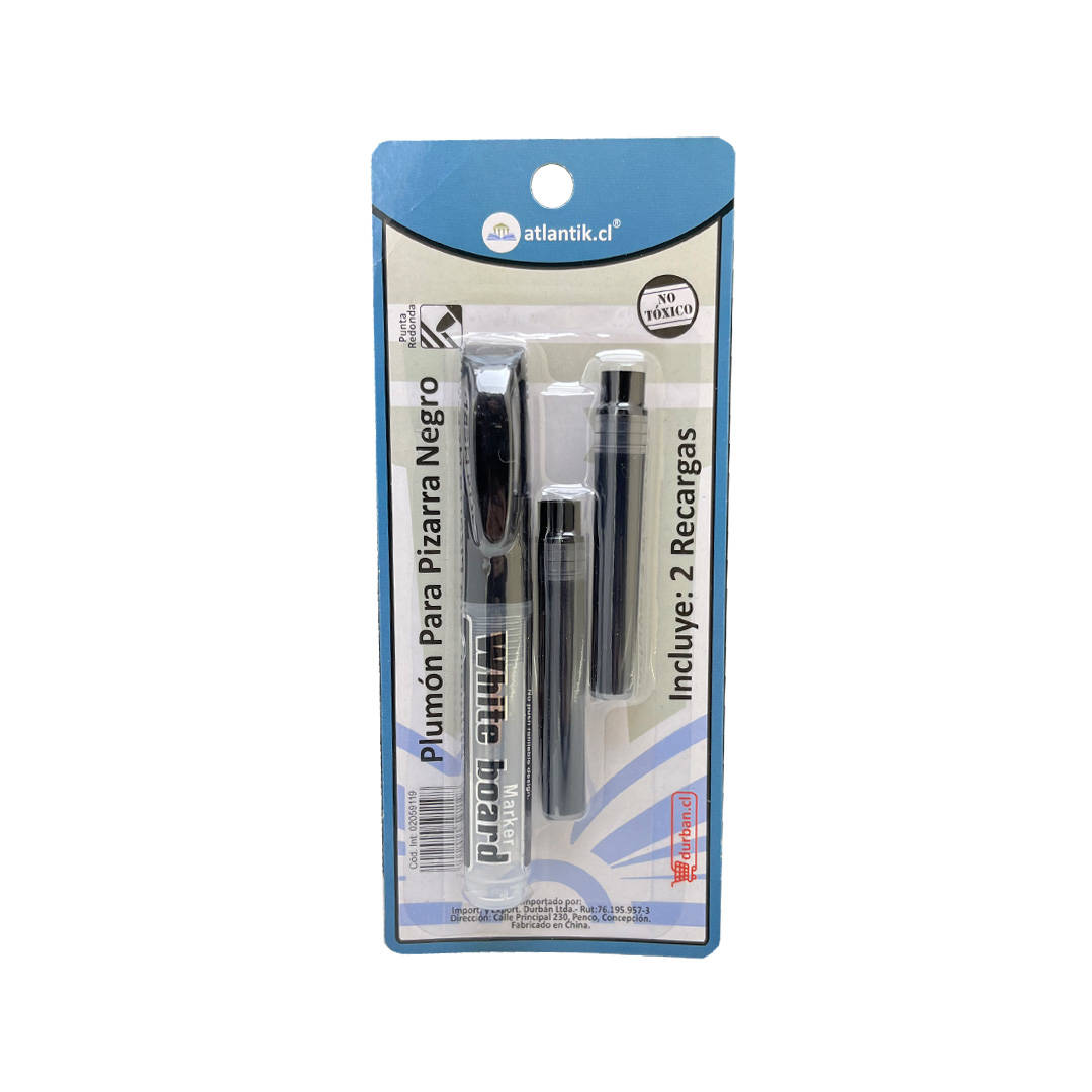 MARCADOR PIZARRA RECARGABLE BLISTER 01 UNID NEGRO PUNTA REDONDA + 2 RPTO ATLANTIK